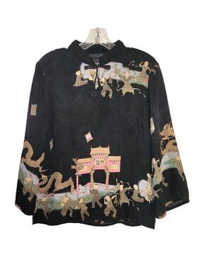 Citron Santa Monica Silk Jacquard Pagoda Print Mandarin Collar Top